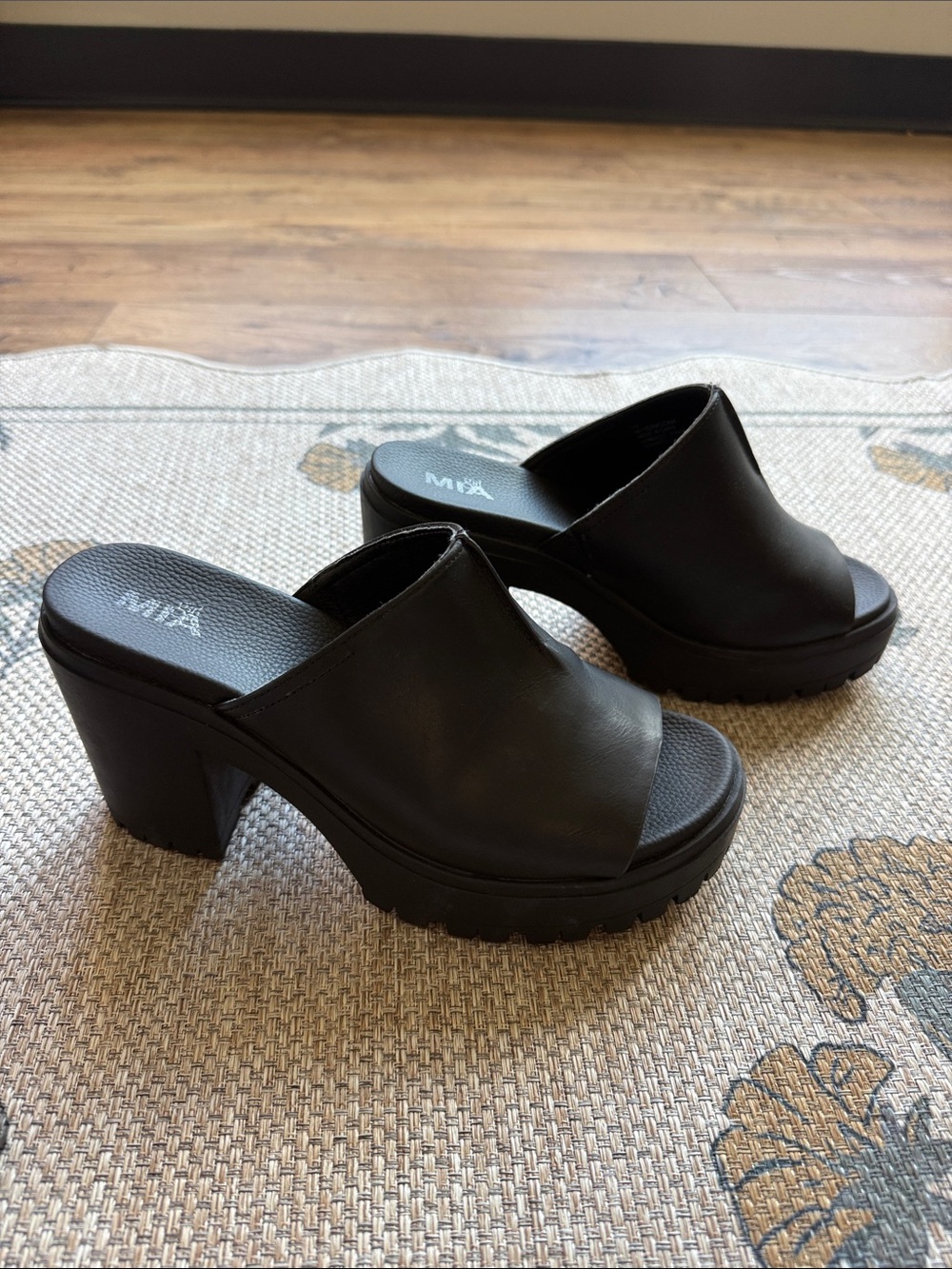 MIA Black Chunky Platform Mule Sandals, Sz 8